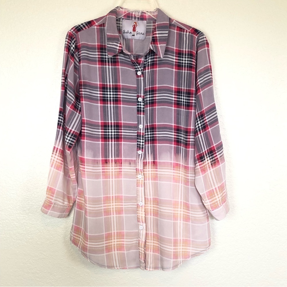 Boho Jane Plaid Ombre Long Shirt Pray Forgive Smile Shine Small